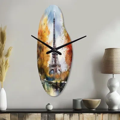 Design Art Pastel Eiffel Tower In Paris Iii - Paris Asymmetrical Metal Wall Clock, Orange Curved Wall Clock Pri In Gray;orange
