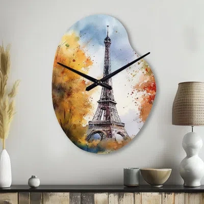 Design Art Pastel Eiffel Tower In Paris Iii - Paris Asymmetrical Metal Wall Clock, Orange Freeform Wall Clock P