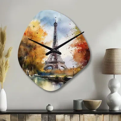 Design Art Pastel Eiffel Tower In Paris Iii - Paris Asymmetrical Metal Wall Clock, Orange Unique Shape Clock Pr In Gray;orange