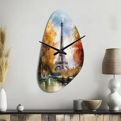 Design Art Pastel Eiffel Tower In Paris Iii - Paris Asymmetrical Metal Wall Clock, Orange Unique Shape Metal Cl