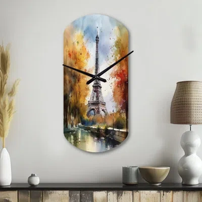 Design Art Pastel Eiffel Tower In Paris Iii - Paris Cylinder Metal Wall Clock, Orange Asymmetrical Metal Wall C In Gray;orange