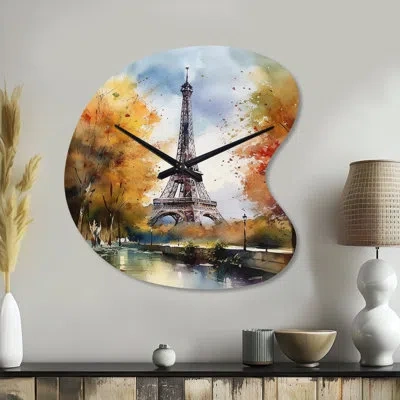 Design Art Pastel Eiffel Tower In Paris Iii - Paris Unique Shape Metal Wall Clock, Traditional Asymmetrical Wal In Gray;orange