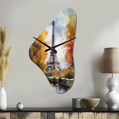 Design Art Pastel Eiffel Tower In Paris Iii - Paris Unique Shape Metal Wall Clock, Traditional Asymmetrical Wal In Gray;orange