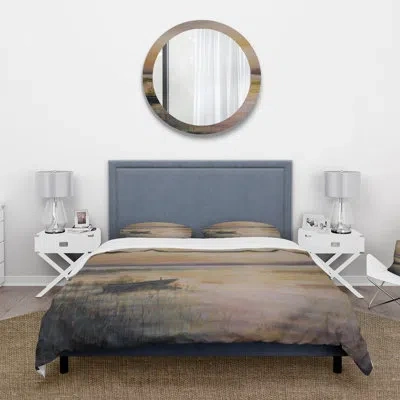 Design Art Pastel Sunset Over The Lake - Nautical & Coastal Duvet Cover Set - Microfiber Polyester In Beige