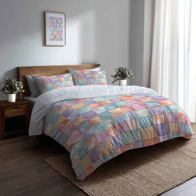Design Art Patchwork 3 Pcs Bedding Set - Modern Yellow And Blue Pastel Bubble Tiles Duvet Cover And Throw Pillo In Blue;yellow