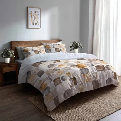 Design Art Patchwork Comforter Set Of 6 - Country Farmhouse Beige And Brown Neutral Mix Quilt Bedding And Throw In Brown;beige