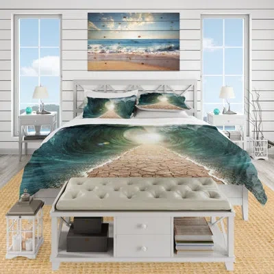 Design Art Pathway Through The Parted Seas - Sea & Shore Duvet Cover Set - Microfiber Polyester In Green,yellow