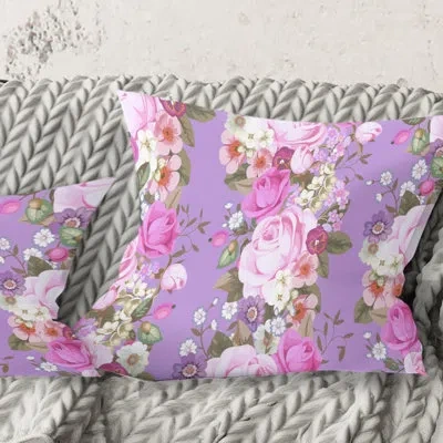 Design Art Pattern With Country Roses - Mid-century Modernprinted Throw Pillow In Purple