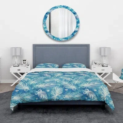 Design Art Pattern With Feathers And Circles - Modern Bohemian Duvet Cover Set - Microfiber Polyester In Blue