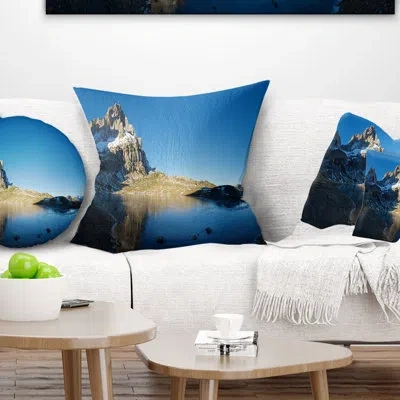 Design Art Payrenees Mountains Landscape - Sea & Shore Printed Pillow In Blue
