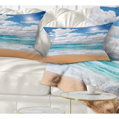 Design Art Peaceful Seashore Under White Clouds - Sea & Shore Printed Throw Pillow In Blue;white