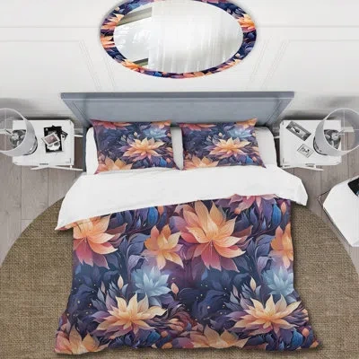 Design Art Peach And Blue Mystic Aura Floral Fantasy Magic I - Floral Duvet Cover Set In Blue;pink;orange