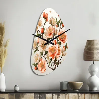 Design Art Peach Blossom Bliss Iv - Floral Irregular Shape Metal Clock, Peach Asymmetrical Metal Clock Print In Pink