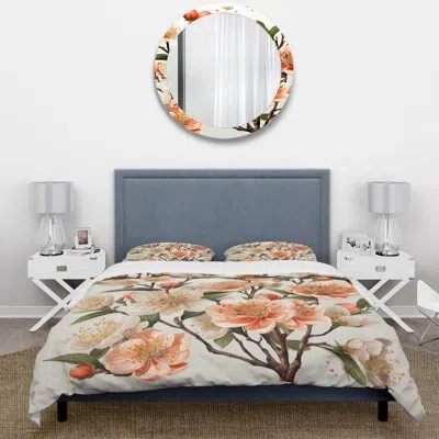 Design Art Peach Blossom Bliss Iv Microfiber / Polyester Duvet Cover Setmicrofiber / Polyester Duvet Cover Set In Green;peach