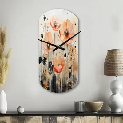 Design Art Peach Blossoming Abstractions I - Botanicals Asymmetrical Metal Wall Clock, Modern Cylinder Wall Clo In Pink