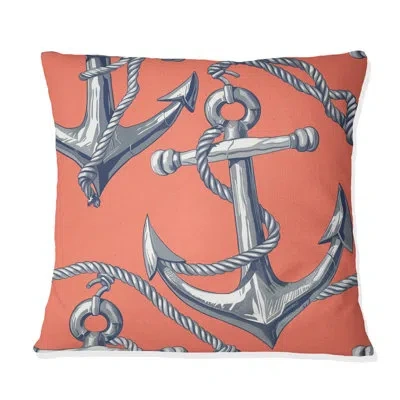 Design Art Peach Blue Nautical Anchor I - Modern Pillow In Blue;pink