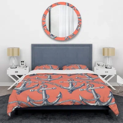 Design Art Peach Blue Nautical Anchor I - Nautical Duvet Cover Set In Blue;pink