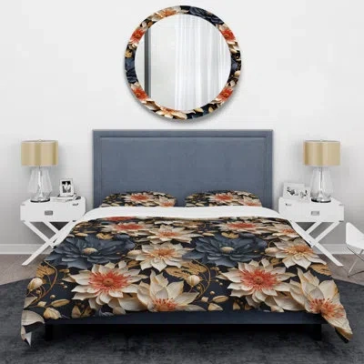 Design Art Peach Ethereal Elegance Floral Blooms I - Floral Duvet Cover Set In Gray;gold;peach