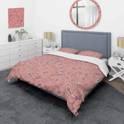 Design Art Peach Floral Paisley - Abstract Duvet Cover Set - Microfiber Polyester In Pink