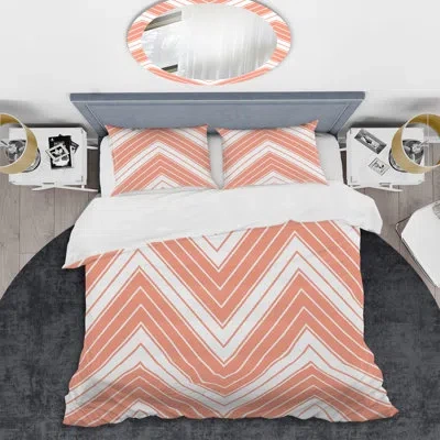 Design Art Peach/white Microfiber 3 Piece Duvet Cover Set In Peach,white
