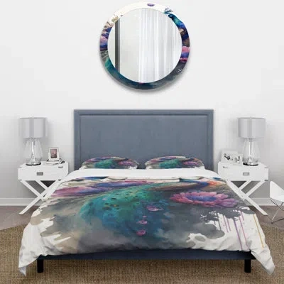Design Art Peacock 4 Pcs Comforter Set - Cute Peacock Floral Art I Comforter Bedding Set In Multicolor