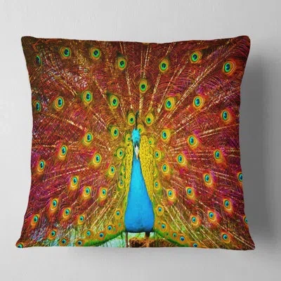 Design Art Peacock Dancing - Animal Printed Throw Pillow In Red