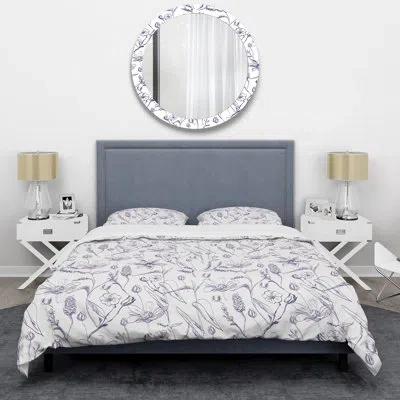 Design Art Pen Drawn Floral - Floral Duvet Cover Set - Microfiber Polyester In White,gray