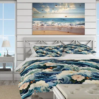 Design Art Pencader Ocean Of Tranquility Mediation - Coastal Duvet Cover Set - Microfiber Polyester In Blue;white