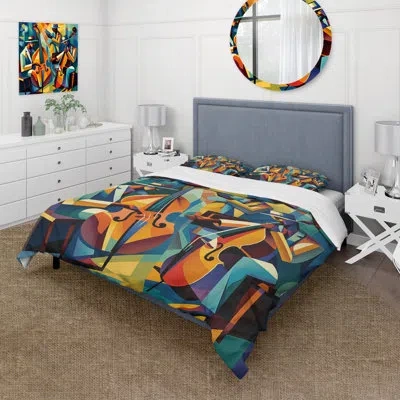 Design Art People Comforter Set 4 Pcs - Jazz Performance On Stage Ii Comforter Bedding Set In Green;orange