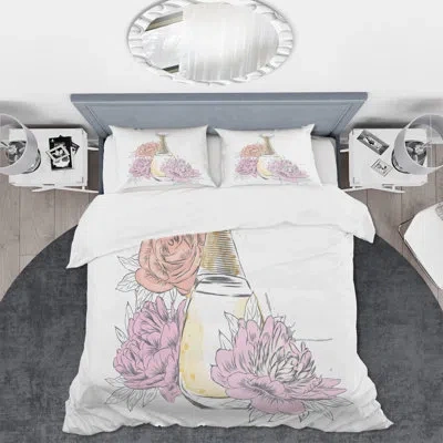 Design Art Perfume Bottle And Bouquet Of Flowers I - Traditional Duvet Cover Set - Microfiber Polyester In Pink,orange,yellow