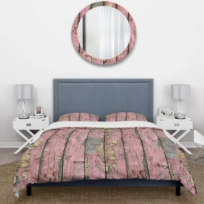 Design Art Petal Pink And Gold Distressed Wood I - Farmhouse Duvet Cover Set In Pink;gold