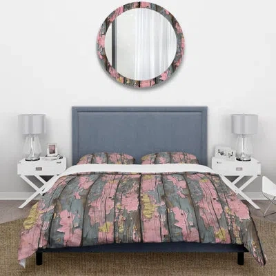 Design Art Petal Pink And Gold Distressed Wood Ii - Farmhouse Duvet Cover Set In Pink;gold