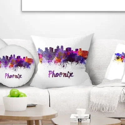 Design Art Phoenix Skyline - Cityscape Printed Throw Pillow In Yellow;purple
