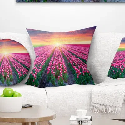 Design Art Photography Blooming Tulips At Sunrise Throw Pillow In Green;pink