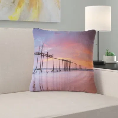 Design Art Pier Seascape Abandoned Wooden Pier At Sunset Pillow In Blue