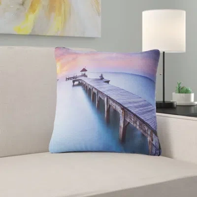Design Art Pier Seascape Beach With Waters And Wood Bridge Throw Pillow In Blue