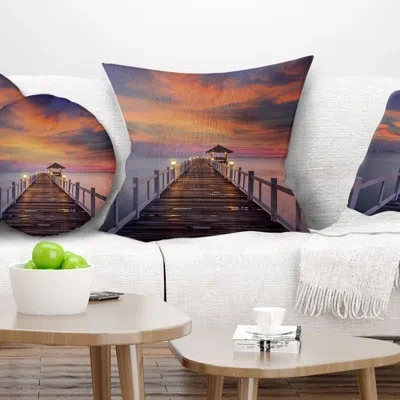 Design Art Pier Seascape Dark Seashore Pier Under Colorful Sky Pillow