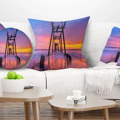 Design Art Pier Seascape Discarded Wooden Bridge At Sunset Pillow In Orange