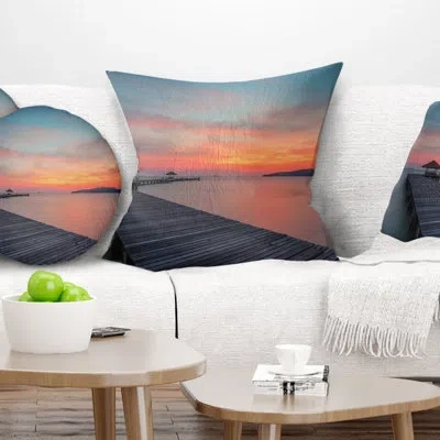 Design Art Pier Seascape Gloomy Seashore With Long Wood Pier Pillow