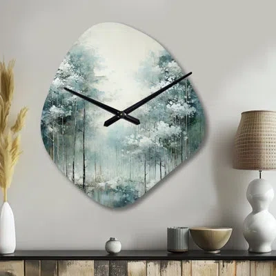 Design Art Pine Tree Enchanted Forest I - Pine Asymmetrical Metal Wall Clock, Traditional Unique Shape Wall Clo In Green