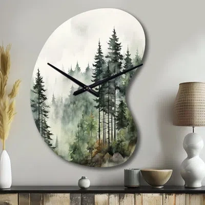 Design Art Pine Tree Misty Morning I - Boom Shape Green Wall Clock - Unique Shape