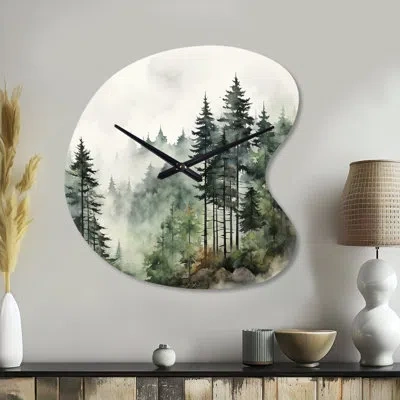 Design Art Pine Tree Misty Morning I - Drop Shape Green Wall Clock Sculpture