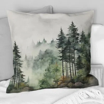 Design Art Pine Tree Misty Morning I - Tree Pine Printed Pillow In Green
