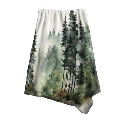 Design Art Pine Tree Misty Morning I - Tree Pine Throw Blanket In Green