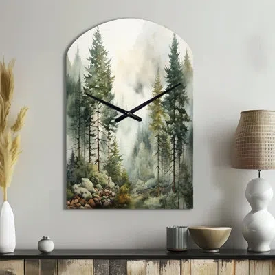 Design Art Pine Tree Misty Morning Ii - Arch Shape Green Wall Clock Sculpture