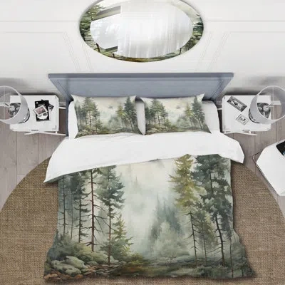 Design Art Pine Tree Misty Morning Ii - Tree Pine Duvet Cover Set In Green