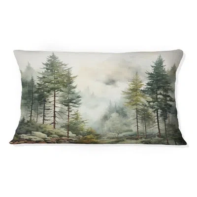 Design Art Pine Tree Misty Morning Ii - Tree Pine Printed Throw Pillow In Green