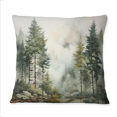 Design Art Pine Tree Misty Morning Ii - Tree Pine Printed Throw Pillow In Green