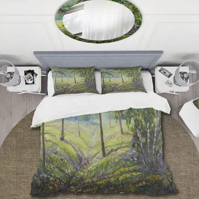 Design Art Pine Trees And Bushes In The Forest I - Lake House Duvet Cover Set - Microfiber Polyester In Green,gray