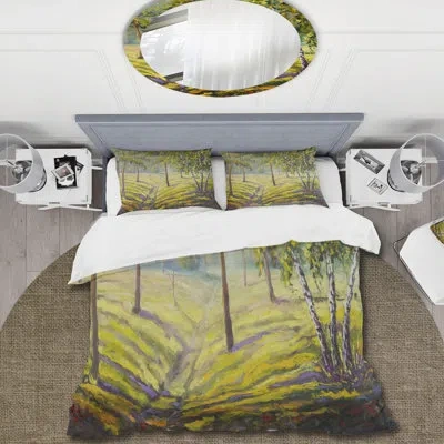 Design Art Pine Trees And Bushes In The Forest Ii - Traditional Duvet Cover Set - Microfiber Polyester In Green,gray